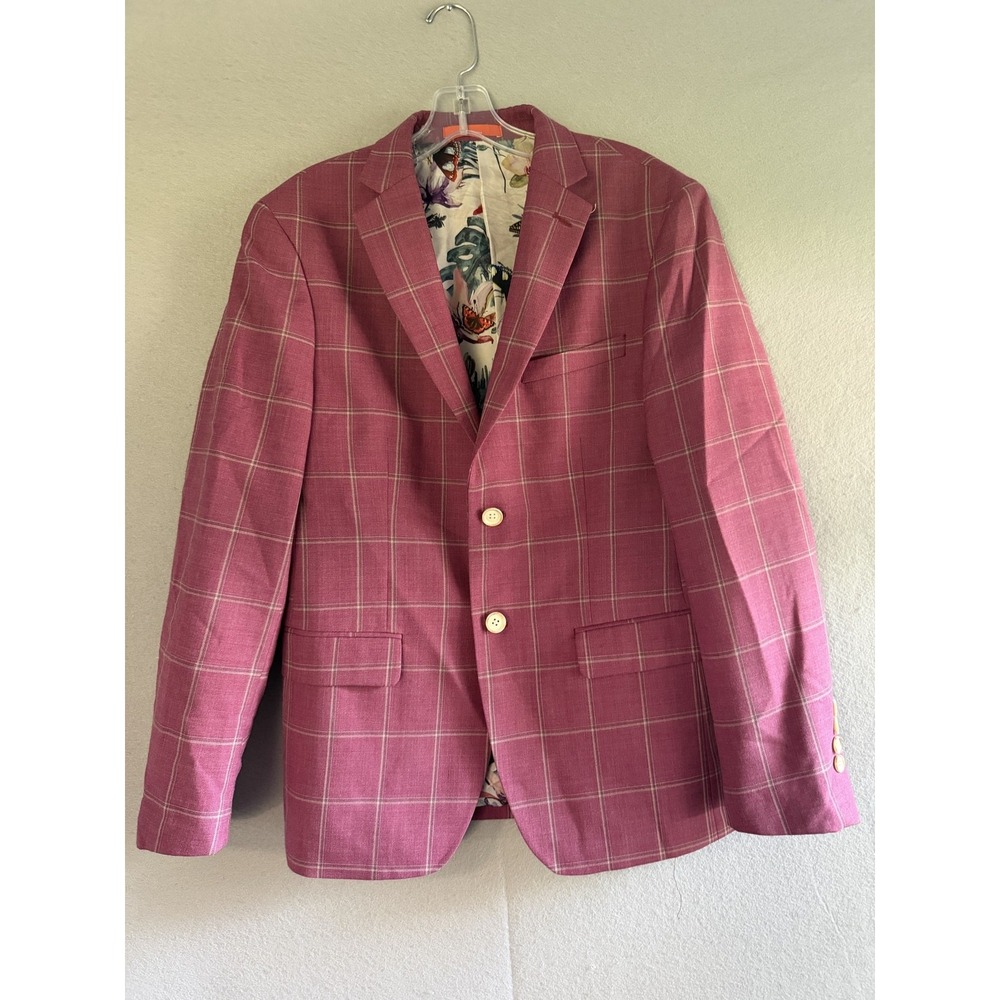 Tallia Blazer Sport Coat Mens 36S Pink Wool Poly Check Floral Lining Jacket